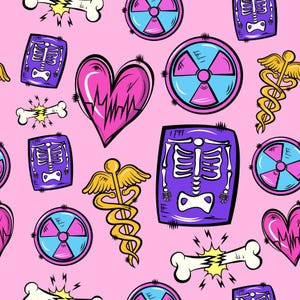 May include: A repeating pattern of medical-themed illustrations on a pink background. The design includes a pink heart with a heartbeat line, a caduceus, a radiation symbol, a broken bone, and a purple X-ray image of a skeleton.