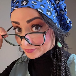 Blue Leopard Print Scrub Hat - Handmade Nurse Cap