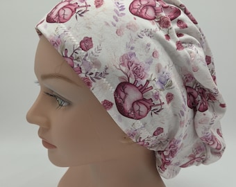 Purple Cardio Scrub Hat: Stretchy Ponytail, Heart Print