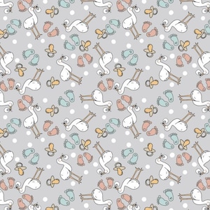 May include: A repeating pattern on a grey background featuring white storks carrying bundles, baby footprints in blue and peach, pacifiers, and white polka dots. Suitable for baby-themed products.