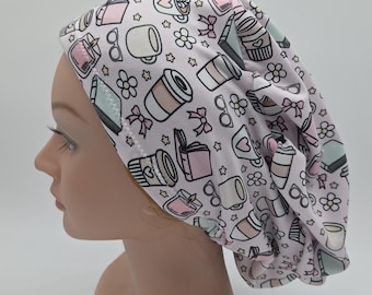 Pink Book Lovers Latte Scrub Hat: Euro Style Nurse Hat