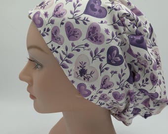 Purple Hearts Scrub Hat: Soft Stretchy Nurse Cap
