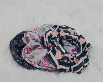 Scrunchie Hair Ties, Heart Black Floral Hair Accessories Spa Day Scrunchie in Multiple Colors Gift for Her Comfy Party Favor
