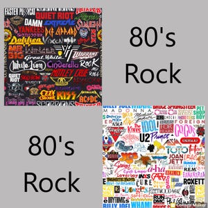 May include: A collage of 80's rock band logos and names, including Quiet Riot, Warrant, Motley Crue, Def Leppard, AC/DC, U2, Prince, The Go-Gos, and many more.