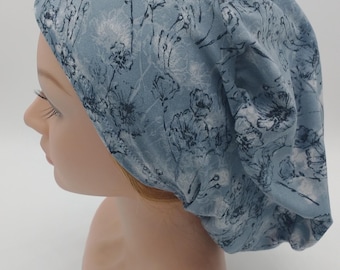 Scrub Hat Blue Floral Euro Slouchy Scrub Cap for Nurse Doctor Bouffant or Ponytail Style - Nurse Hat - Blue Floral boho