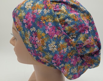 Teal Blue Pink Floral Scrub Hat: Boho Wildflower