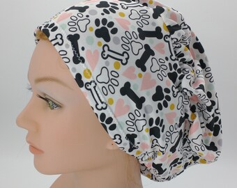 Dog lovers Euro Scrub Hat, Paws and Bones Ponytail Scrub Hat, Bouffant Nurse Hat