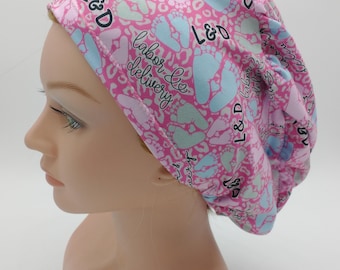 Pink Leopard Scrub Hat: Euro Nurse Style, Baby Feet Print