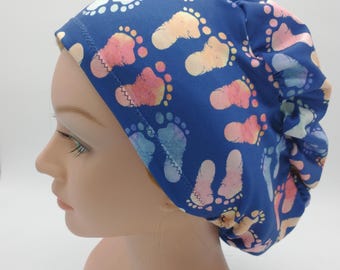 Baby Feet Scrub Hat - Labor and Delivery Nurse Hat - NICU - Bright Baby Feet - Blue- Pink- Coral