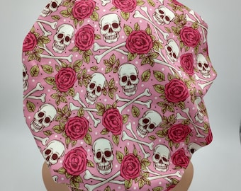 Rose Pink Skull Scrub Hat - Nurse Hat - Cross Bones