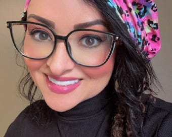 Leopard Print Euro Scrub Hat, Tie Dye Pink Purple Stretchy Ponytail Surgical Hat for Nurses, Doctors, & Medical Professionals