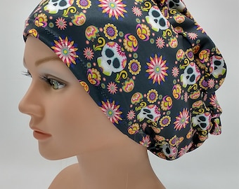 Skulls Scrub Hat - Black Candy Skulls Euro Bouffant Nurse Hat - Surgeon Cap -  floral skeleton, Reds Attic
