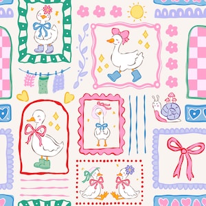 May include: A whimsical seamless pattern featuring cartoon geese in various poses, adorned with bows, hats, and boots. The design includes frames, hearts, flowers, and a snail, all in a pastel color palette. The overall theme is cute and playful.