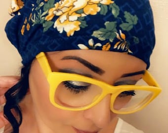 Blue Yellow Floral Scrub Hat - Nurse Hat - Blue Floral boho retro
