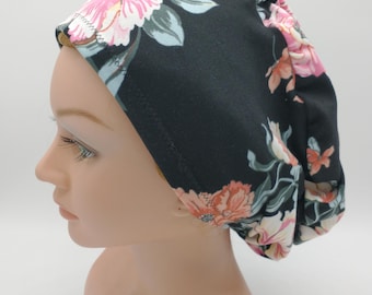 Scrub Hat Floral Euro Bouffant Scrub Cap for Nurse and Doctor Black Boho Floral