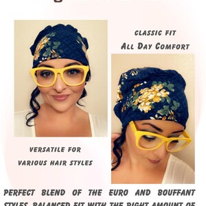 May include: A blue and white floral scrub hat with a classic fit. The hat is designed for all-day comfort and is versatile for various hair styles. It is a perfect blend of the euro and bouffant styles, with a balanced fit and the right amount of room and structure.