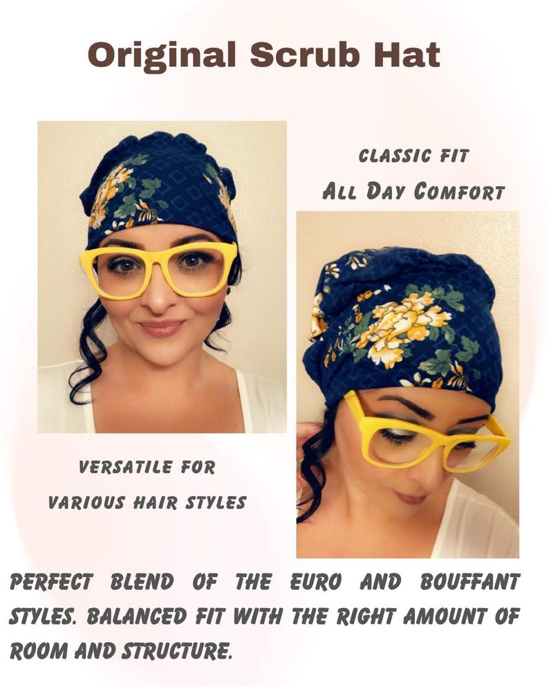 May include: A blue and white floral scrub hat with a classic fit. The hat is designed for all-day comfort and is versatile for various hair styles. It is a perfect blend of the euro and bouffant styles, with a balanced fit and the right amount of room and structure.