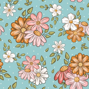 May include: A seamless pattern featuring illustrated flowers in shades of orange, light pink, and white, accented with green leaves and stems. The design is set against a light blue background decorated with small, evenly spaced white polka dots.