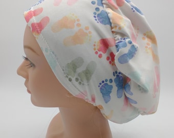 Baby Feet Euro Scrub Hat - Labor and Delivery Nurse Hat - NICU - Bright Baby Feet - Blue- Pink- Coral