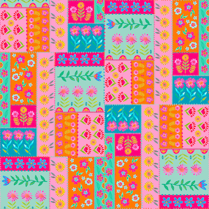 May include: A colorful patchwork design featuring floral patterns in pink, orange, teal, and yellow. The design includes various flower illustrations and decorative borders, creating a vibrant and cheerful aesthetic.