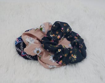 Scrunchie Hair Ties, Black and Pink Floral Hair Accessories Spa Day Scrunchie in Multiple Colors Gift for Her Comfy Party Favor