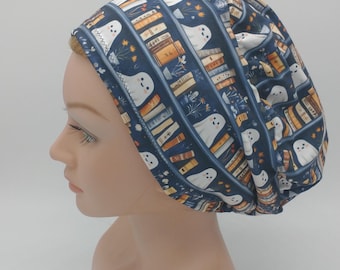 Book Lovers Euro Scrub Hat, Halloween Ghost Coffee Euro Style, Ponytail Iced Coffee Nurse Hat