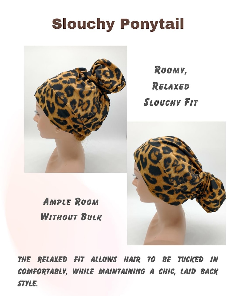 May include: A brown and black leopard print fabric hair scrunchie with a slouchy fit. The scrunchie is designed to be roomy and comfortable for a relaxed ponytail style. The text "ROOMY, RELAXED SLOUCHY FIT" is visible in the image.