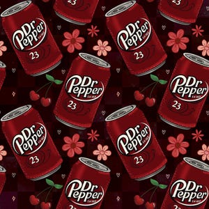 以下が含まれることがあります： 暗い赤色の背景に、Dr. Pepperのソーダ缶、さくらんぼ、花の繰り返し模様。缶は濃い赤色で、Dr. Pepperのロゴと数字の23が入っています。さくらんぼと花は赤とピンクです。
