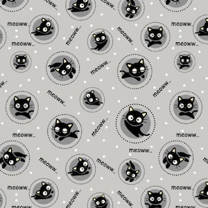 May include: A repeating pattern featuring black cat illustrations within grey dotted circles on a grey background. The word "meoww.." is interspersed throughout the design. The cats have yellow accents.