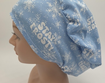 Christmas Stay Frosty Scrub Hat: Several Styles in Buttery Soft Stretchy Fabric