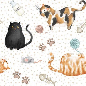 May include: A repeating pattern illustration featuring cats, yarn balls, paw prints, fish bones, and a milk bottle. The cats are in different poses, including a black cat, a calico cat, and an orange tabby cat. The milk bottle has the word "MILK" on it.