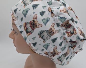 Christmas Frenchie and Sweaters Scrub Hat: Several Styles in Buttery Soft Stretchy Fabric