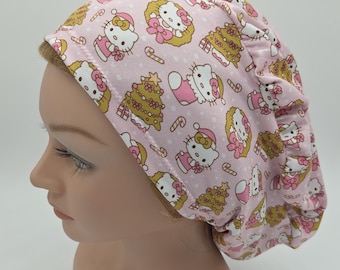 Christmas Kitty Euro Scrub Hat, Pink Hello Women's Scrub Hat in Various Styles
