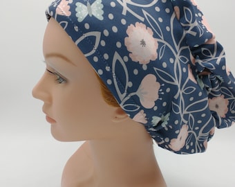 Blue Floral Euro Scrub Hat, Pink Carnation Ponytail Scrub Hat - Nurse Hat - Blue Carnation