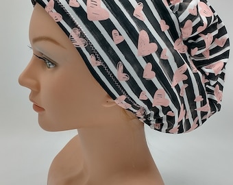 Black Stripe Pink heart Scrub Hat - Nurse Hat - Heart