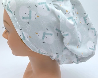 Light Blue-Green Snowman Scrub Hat: Several Styles in Buttery Soft Stretchy Fabric