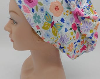 Floral Euro Scrub Hat - Nurse Hat - Blue Pink