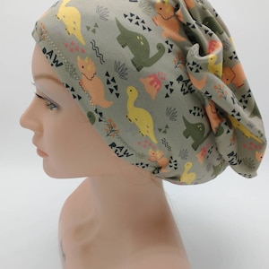 May include: A green beanie with a dinosaur print. The beanie has a fold-over cuff and is made of a soft, stretchy fabric. The print features yellow, orange, and green dinosaurs on a green background.