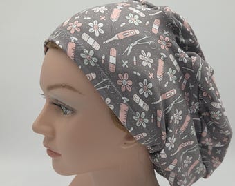 Gray Pink Floral Boho Nurse Scrub Hat: Soft Stretchy and Multiple Styles