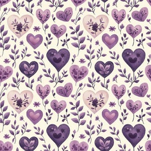May include: A repeating pattern of watercolor hearts in shades of purple and pink, with floral and leaf accents. The hearts vary in size and design, some with floral details, set against a cream background. The design is suitable for fabric or wallpaper.