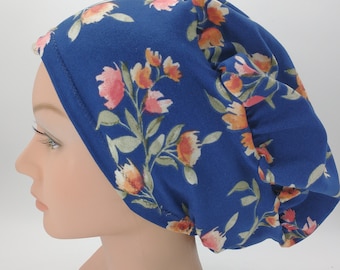 Blue Coral Floral Scrub Hat - Nurse Hat - Surgeon Cap - Blue Floral