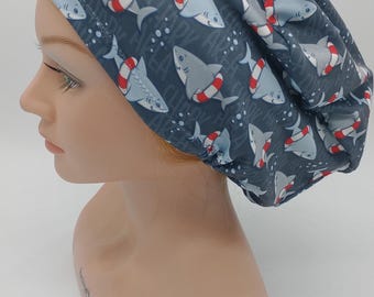 Shark Scrub Hat - Nurse Hat - Sea Life - Blue Red White