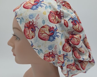 Yellow and Blue Cardio Scrub Hat: Stretchy Ponytail, Heart Print