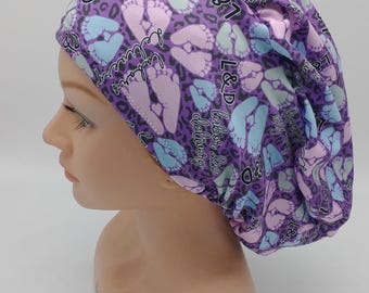 Labor Delivery Scrub Hat, Euro Nurse Hat, Purple  Leopard, NICU, Baby Feet, Nurse and Professional Healthcare Scrub Hat