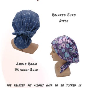 May include: Two Euro-style ponytail caps are displayed. One is navy blue with white leaf patterns, the other is purple with a light blue and white pattern. The text "Ponytail-Euro", "Relaxed Euro Style", and "Ample Room Without Bulk" are also visible.