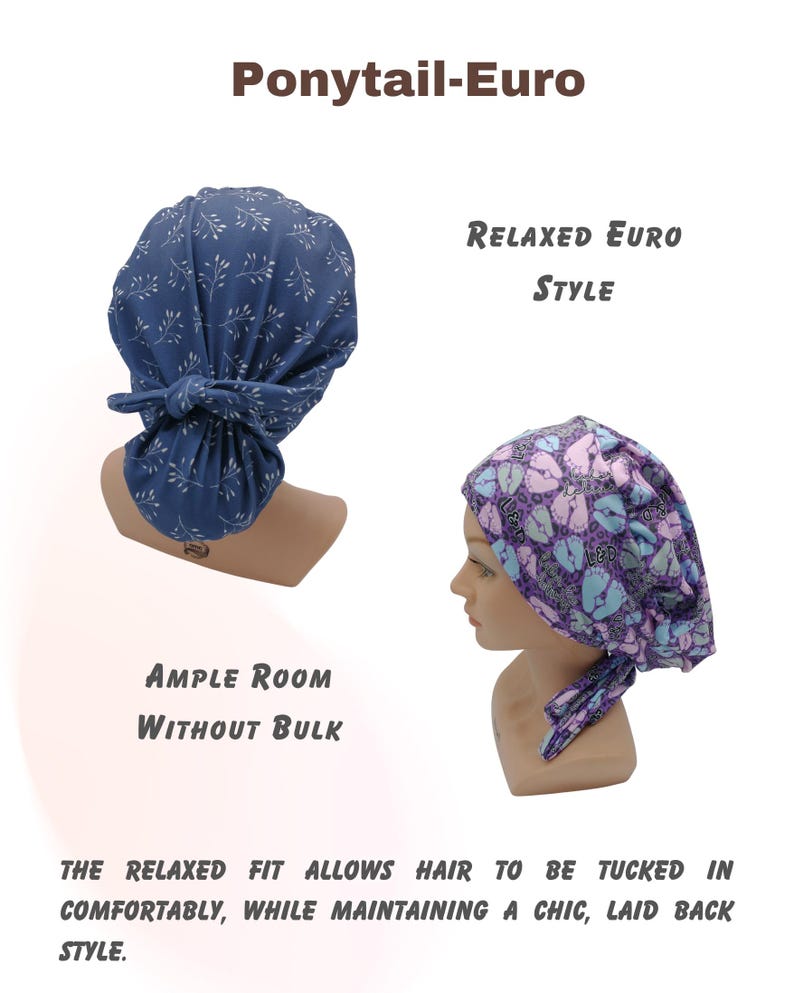 May include: Two Euro-style ponytail caps are displayed. One is navy blue with white leaf patterns, the other is purple with a light blue and white pattern. The text "Ponytail-Euro", "Relaxed Euro Style", and "Ample Room Without Bulk" are also visible.