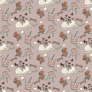 May include: A repeating pattern featuring illustrations of open books with flowers, iced coffee, eyeglasses, candles, butterflies, and lamps on a muted mauve background. The design has a whimsical, cozy aesthetic.