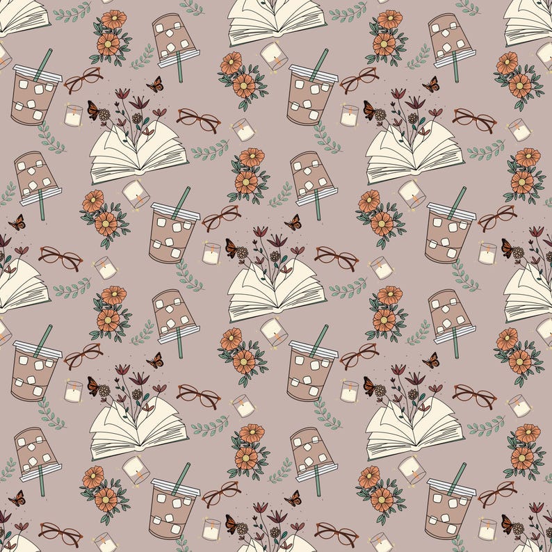 May include: A repeating pattern featuring illustrations of open books with flowers, iced coffee, eyeglasses, candles, butterflies, and lamps on a muted mauve background. The design has a whimsical, cozy aesthetic.