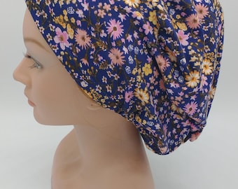 Blue Pink Floral Euro Scrub Hat, Blue Floral Ponytail Nurse Cap, Multiple Designed Surgical Cap
