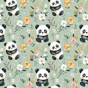 May include: A repeating pattern of cute panda bears in black and white, alongside yellow, pink, and white flowers, and green leaves, set against a pale green backdrop. Ideal for textiles or wallpaper, the design has a charming, whimsical feel.